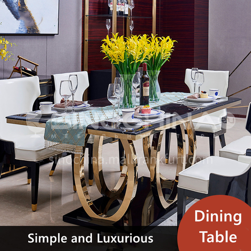 Dining table and chairs in stainless steel marble top, modern minimalist and black rectangular furniture.